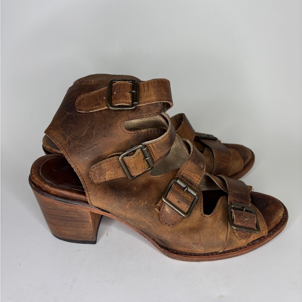 Freebird Quail Distressed Tan Brown Leather Strappy Sandal Stacked Heel Women 10
